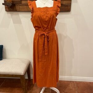 Brown Orange Square Neck 100% Cotton Ruffle Dress Size Medium